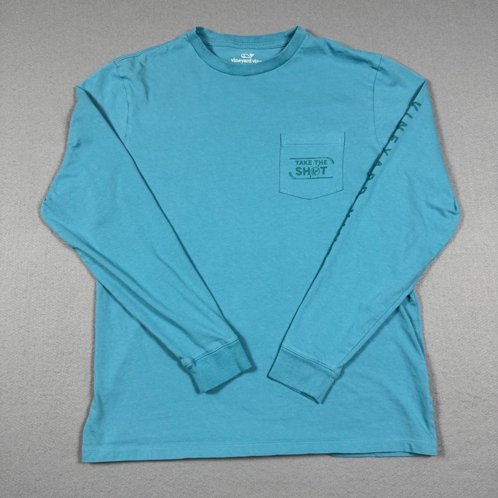 Vineyard Vines Mens Long Sleeve Hockey Graphic Pocket T-Shirt Teal‎ Blue Size M